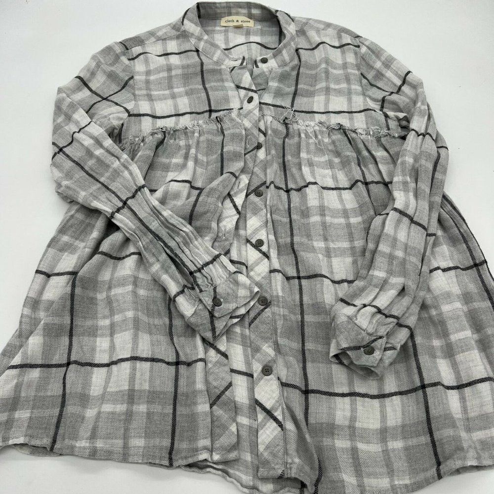 Cloth & Stone Gray Plaid Rayon Shirt Fray Trim Misses Size XXS